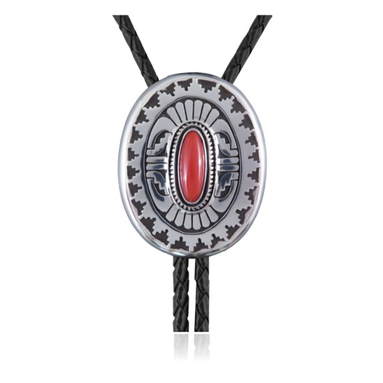 Feather .925 Sterling Silver Certified Authentic Handmade Navajo Native American Coral Bolo Tie 34103 Feather .925 Sterling Silver Certified Authentic Handmade Navajo Native American Coral Bolo Tie 34103