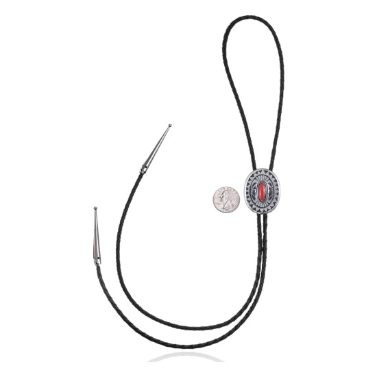Feather .925 Sterling Silver Certified Authentic Handmade Navajo Native American Coral Bolo Tie 34103 Feather .925 Sterling Silver Certified Authentic Handmade Navajo Native American Coral Bolo Tie 34103