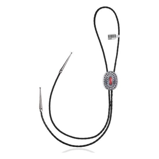 Feather .925 Sterling Silver Certified Authentic Handmade Navajo Native American Coral Bolo Tie 34103 Feather .925 Sterling Silver Certified Authentic Handmade Navajo Native American Coral Bolo Tie 34103