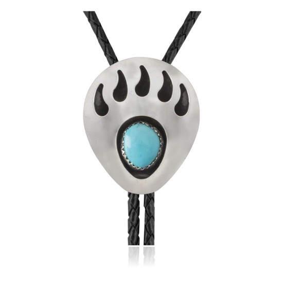 Bear Paw .925 Sterling Silver Certified Authentic Handmade Navajo Native American Natural Turquoise Bolo Tie 34105