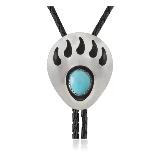 Bear Paw .925 Sterling Silver Certified Authentic Handmade Navajo Native American Natural Turquoise Bolo Tie 34105