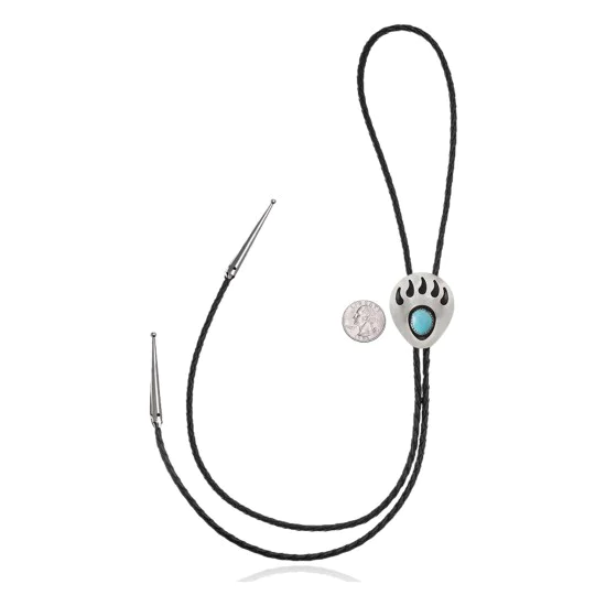 Bear Paw .925 Sterling Silver Certified Authentic Handmade Navajo Native American Natural Turquoise Bolo Tie 34105