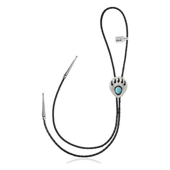 Bear Paw .925 Sterling Silver Certified Authentic Handmade Navajo Native American Natural Turquoise Bolo Tie 34105
