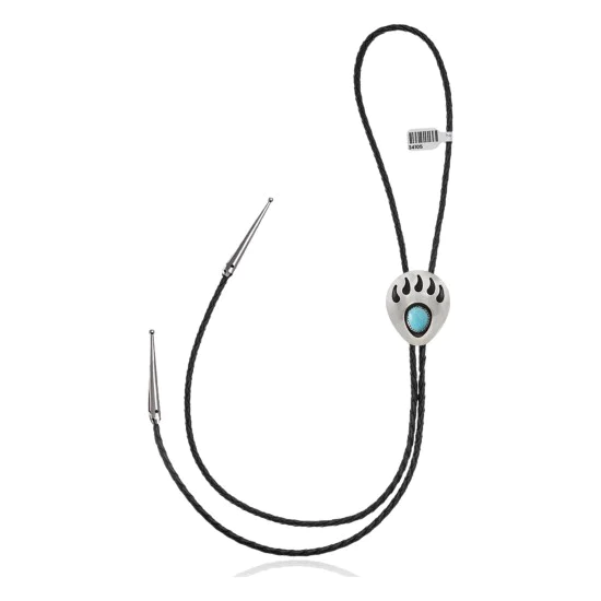 Bear Paw .925 Sterling Silver Certified Authentic Handmade Navajo Native American Natural Turquoise Bolo Tie 34105