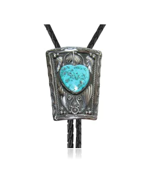 Heart .925 Sterling Silver Certified Authentic Handmade Navajo Native American Natural Turquoise Bolo Tie 34108