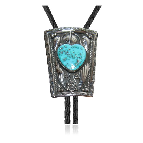 Heart .925 Sterling Silver Certified Authentic Handmade Navajo Native American Natural Turquoise Bolo Tie 34108