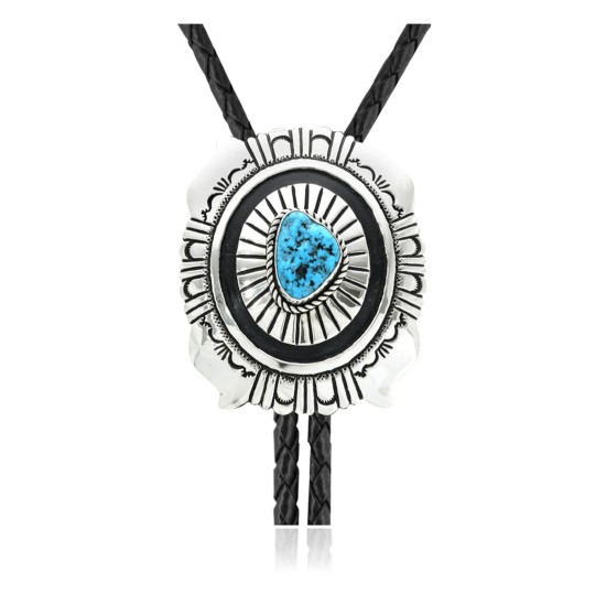 Sun .925 Sterling Silver Certified Authentic Handmade Navajo Native American Natural Turquoise Bolo Tie 34102