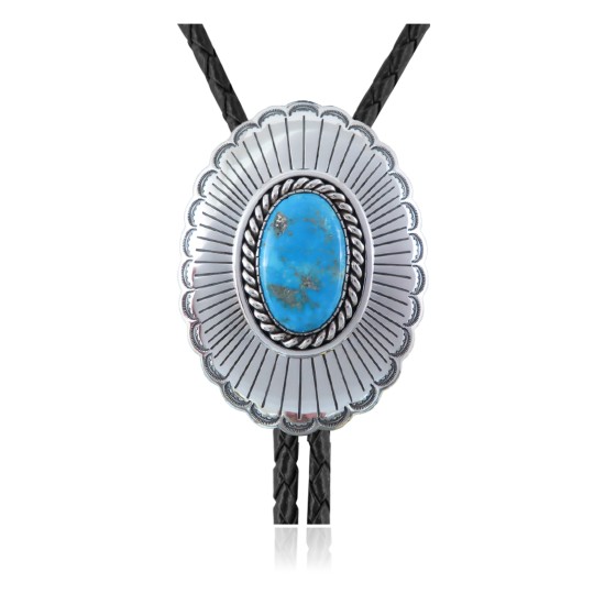 Sun .925 Sterling Silver Certified Authentic Handmade Navajo Native American Natural Turquoise Bolo Tie 34106