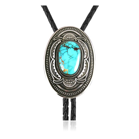 Handmade Certified Authentic Navajo .925 Sterling Silver Native American Natural Turquoise Coral Bolo Tie 34114