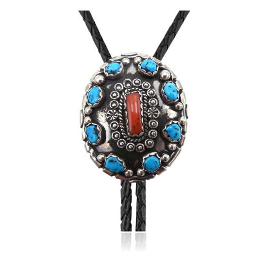 Flower.925 Sterling Silver Certified Authentic Handmade Navajo Native American Natural Turquoise Bolo Tie 34113