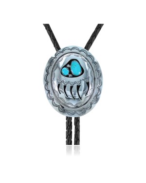 Bear Paw .925 Sterling Silver Certified Authentic Handmade Navajo Native American Natural Turquoise Bolo Tie 34116