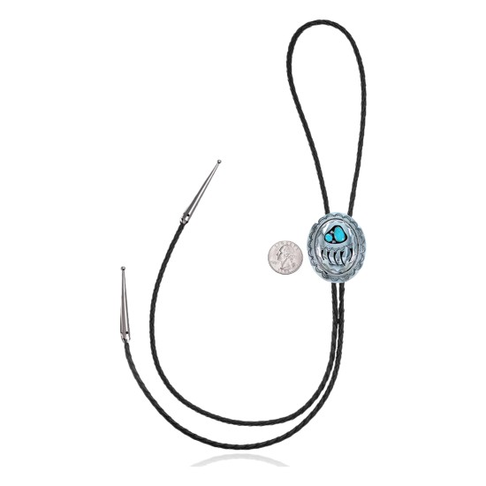 Bear Paw .925 Sterling Silver Certified Authentic Handmade Navajo Native American Natural Turquoise Bolo Tie 34116