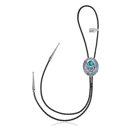 Bear Paw .925 Sterling Silver Certified Authentic Handmade Navajo Native American Natural Turquoise Bolo Tie 34116