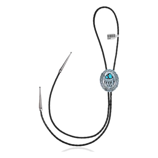 Bear Paw .925 Sterling Silver Certified Authentic Handmade Navajo Native American Natural Turquoise Bolo Tie 34116
