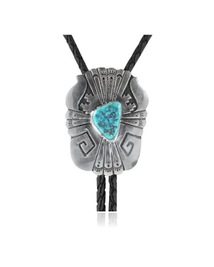 Feather .925 Sterling Silver Certified Authentic Handmade Navajo Native American Natural Turquoise Bolo Tie 34118