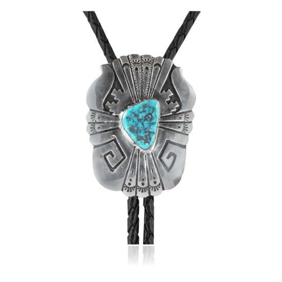 Feather .925 Sterling Silver Certified Authentic Handmade Navajo Native American Natural Turquoise Bolo Tie 34118