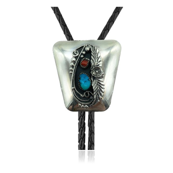 Feather .925 Sterling Silver Certified Authentic Handmade Navajo Native American Natural Turquoise Coral Bolo Tie 34119