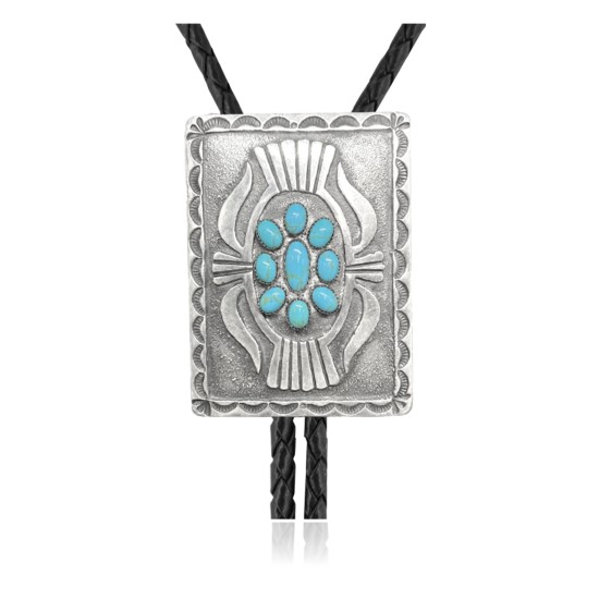 Handmade Certified Authentic Navajo .925 Sterling Silver Native American Natural Turquoise Bolo Tie 34123