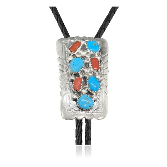 Handmade Certified Authentic Navajo .925 Sterling Silver Native American Natural Turquoise Coral Bolo Tie 34125