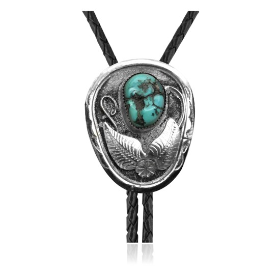Feather .925 Sterling Silver Certified Authentic Handmade Navajo Native American Natural Turquoise Bolo Tie 34128