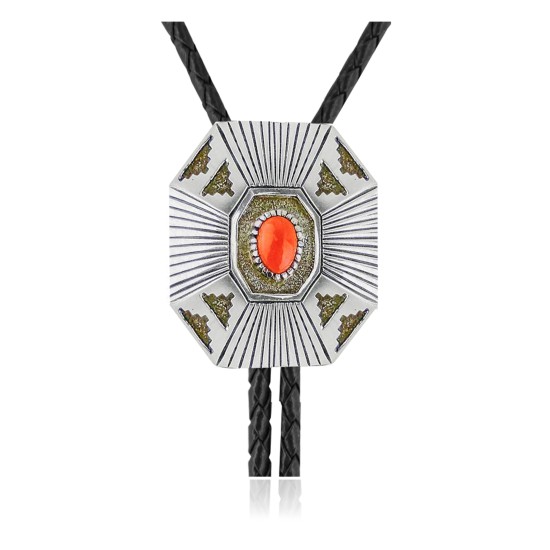 Handmade Certified Authentic Navajo .925 Sterling Silver Native American Coral Bolo Tie 34130