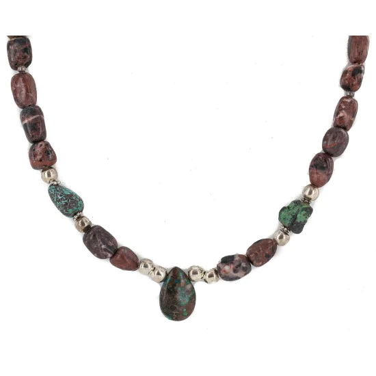 Drop .925 Sterling Silver Certified Authentic Navajo Natural Turquoise Jasper Native American Necklace 18276-1