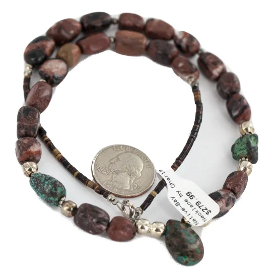 Drop .925 Sterling Silver Certified Authentic Navajo Natural Turquoise Jasper Native American Necklace 18276-1