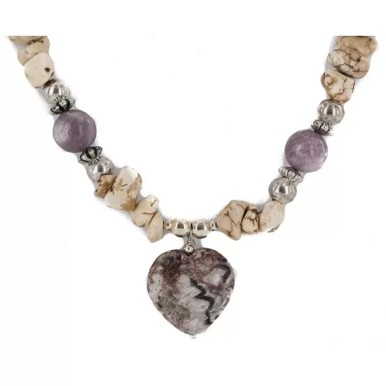 Heart .925 Sterling Silver Certified Authentic Navajo White Howlite Charoite Native American Necklace 15778 Heart .925 Sterling Silver Certified Authentic Navajo White Howlite Charoite Native American Necklace 15778