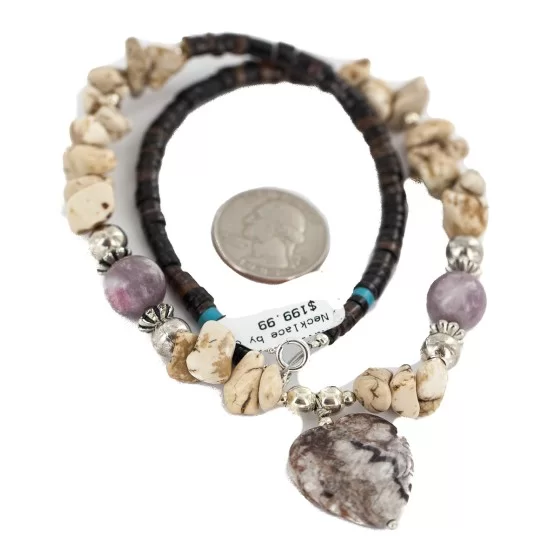 Heart .925 Sterling Silver Certified Authentic Navajo White Howlite Charoite Native American Necklace 15778 Heart .925 Sterling Silver Certified Authentic Navajo White Howlite Charoite Native American Necklace 15778