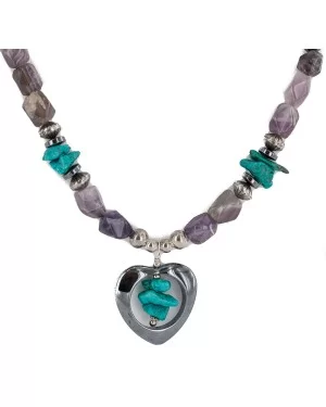 Heart .925 Sterling Silver Certified Authentic Navajo Natural Turquoise Amethyst Hematite Native American Necklace 18276-3