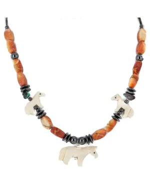 Carved Fetish Horse .925 Sterling Silver Certified Authentic Navajo Natural Turquoise Coral Bone Hematite Native American Necklace 18277-2