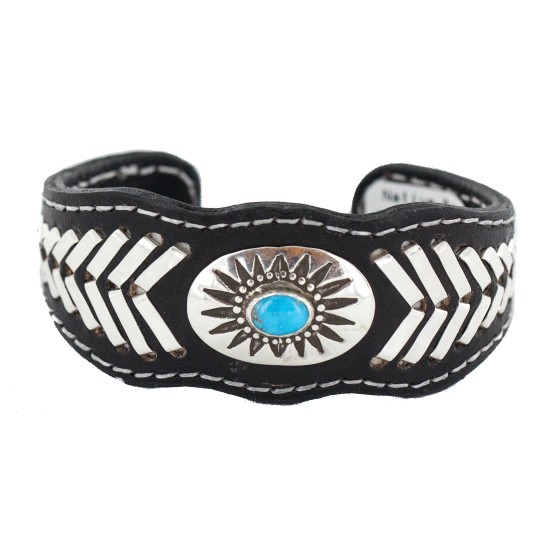 Certified Authentic .925 Sterling Silver Handmade Navajo Natural Turquoise Native American Leather Bracelet 12784-2