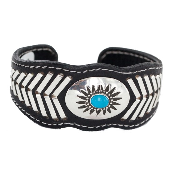 Certified Authentic .925 Sterling Silver Navajo Handmade Natural Turquoise Native American Leather Bracelet 12784-101