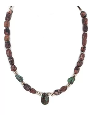 Drop .925 Sterling Silver Certified Authentic Navajo Natural Turquoise Jasper Native American Necklace 18276-1