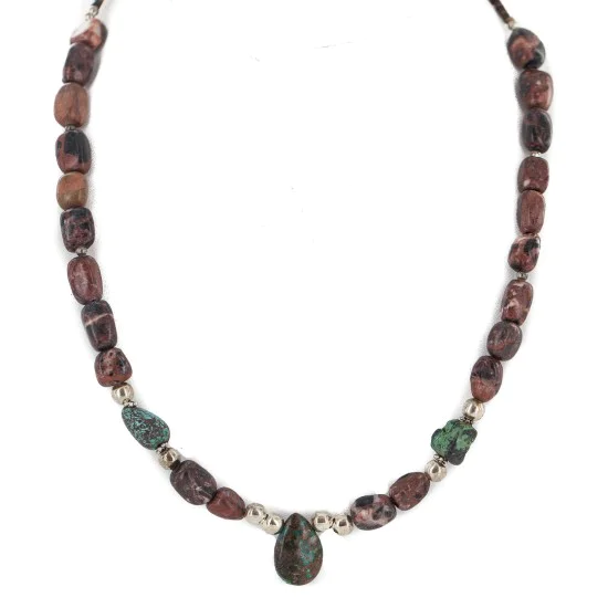 Drop .925 Sterling Silver Certified Authentic Navajo Natural Turquoise Jasper Native American Necklace 18276-1