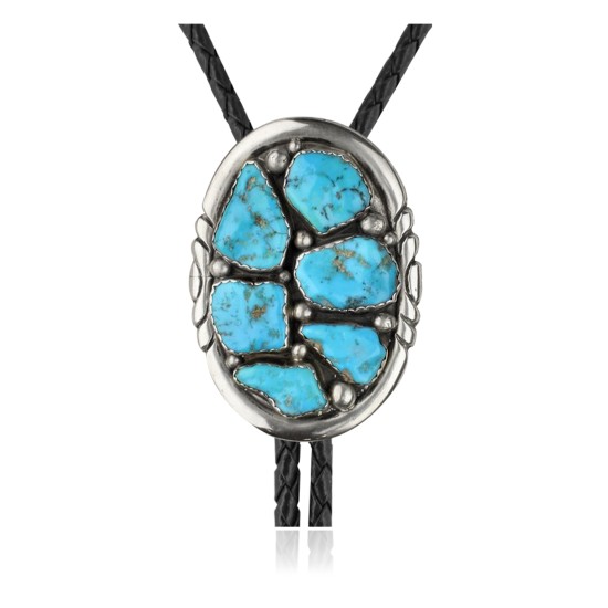 Handmade Certified Authentic Navajo .925 Sterling Silver Native American Natural Turquoise Bolo Tie 34133