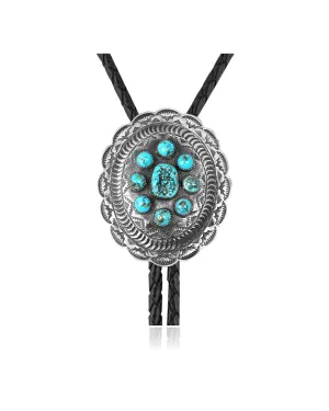 Sun .925 Sterling Silver Certified Authentic Handmade Navajo Native American Natural Turquoise Bolo Tie 34138