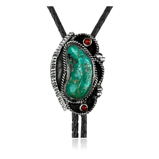 Handmade Certified Authentic Navajo .925 Sterling Silver Native American Natural Turquoise Coral Bolo Tie 34140