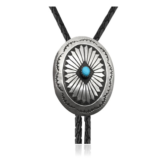 Handmade Certified Authentic Navajo .925 Sterling Silver Native American Natural Turquoise Bolo Tie 34144