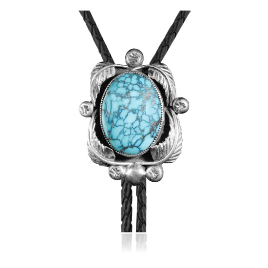 Feather .925 Sterling Silver Certified Authentic Handmade Navajo Native American Natural Turquoise Bolo Tie 34146