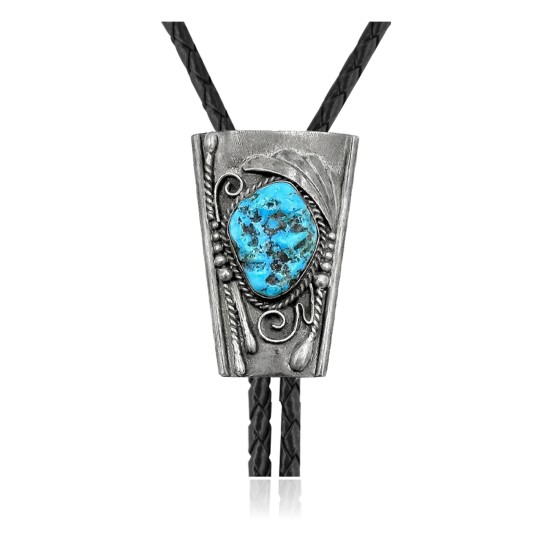 Feather .925 Sterling Silver Certified Authentic Handmade Navajo Native American Natural Turquoise Bolo Tie 34151