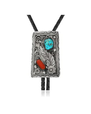 Feather .925 Sterling Silver Certified Authentic Handmade Navajo Native American Natural Turquoise Coral Bolo Tie 34142 Feather .925 Sterling Silver Certified Authentic Handmade Navajo Native American Natural Turquoise Coral Bolo Tie 34142