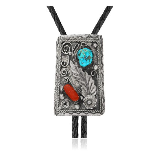Feather .925 Sterling Silver Certified Authentic Handmade Navajo Native American Natural Turquoise Coral Bolo Tie 34142 Feather .925 Sterling Silver Certified Authentic Handmade Navajo Native American Natural Turquoise Coral Bolo Tie 34142