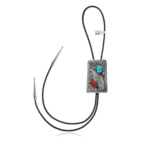 Feather .925 Sterling Silver Certified Authentic Handmade Navajo Native American Natural Turquoise Coral Bolo Tie 34142 Feather .925 Sterling Silver Certified Authentic Handmade Navajo Native American Natural Turquoise Coral Bolo Tie 34142
