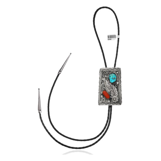 Feather .925 Sterling Silver Certified Authentic Handmade Navajo Native American Natural Turquoise Coral Bolo Tie 34142 Feather .925 Sterling Silver Certified Authentic Handmade Navajo Native American Natural Turquoise Coral Bolo Tie 34142