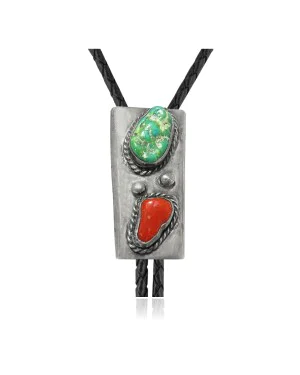 Handmade Certified Authentic Navajo .925 Sterling Silver Native American Natural Turquoise Coral Bolo Tie 34148 Handmade Certified Authentic Navajo .925 Sterling Silver Native American Natural Turquoise Coral Bolo Tie 34148