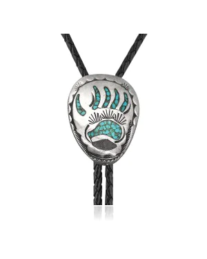 Bear Paw .925 Sterling Silver Certified Authentic Handmade Navajo Native American Natural Turquoise Bolo Tie 34153