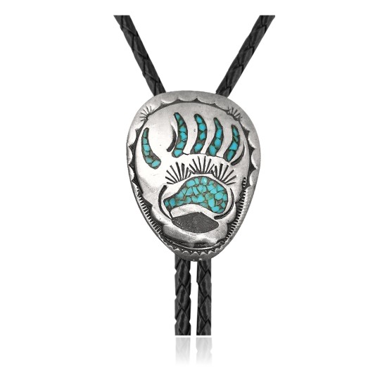 Bear Paw .925 Sterling Silver Certified Authentic Handmade Navajo Native American Natural Turquoise Bolo Tie 34153 Bear Paw .925 Sterling Silver Certified Authentic Handmade Navajo Native American Natural Turquoise Bolo Tie 34153