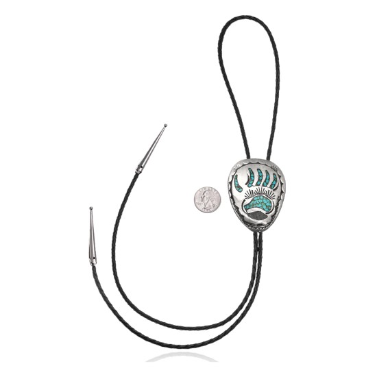 Bear Paw .925 Sterling Silver Certified Authentic Handmade Navajo Native American Natural Turquoise Bolo Tie 34153 Bear Paw .925 Sterling Silver Certified Authentic Handmade Navajo Native American Natural Turquoise Bolo Tie 34153