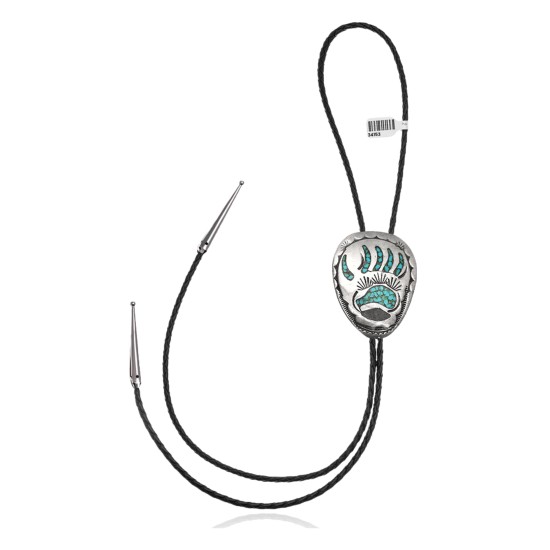 Bear Paw .925 Sterling Silver Certified Authentic Handmade Navajo Native American Natural Turquoise Bolo Tie 34153 Bear Paw .925 Sterling Silver Certified Authentic Handmade Navajo Native American Natural Turquoise Bolo Tie 34153